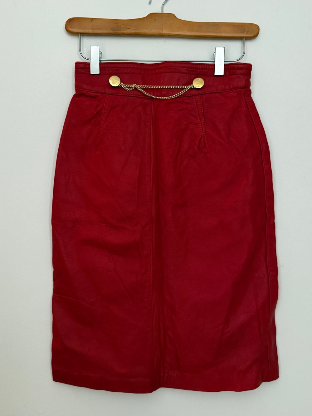 Vintage Leather Red Pencil Skirt with Gold Chain Detail